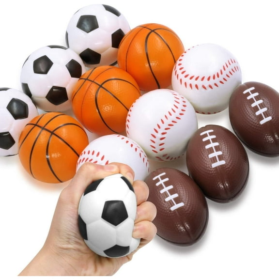 Novelty Place Squeezable Stress Balls - Anti-Stress Baseball, Basketball, Soccer, Football for Tension Relief - Relaxation Gadgets, Fidget Toys, Party Favors, Carnival Prizes(12 Pack & 4 Ballgames)