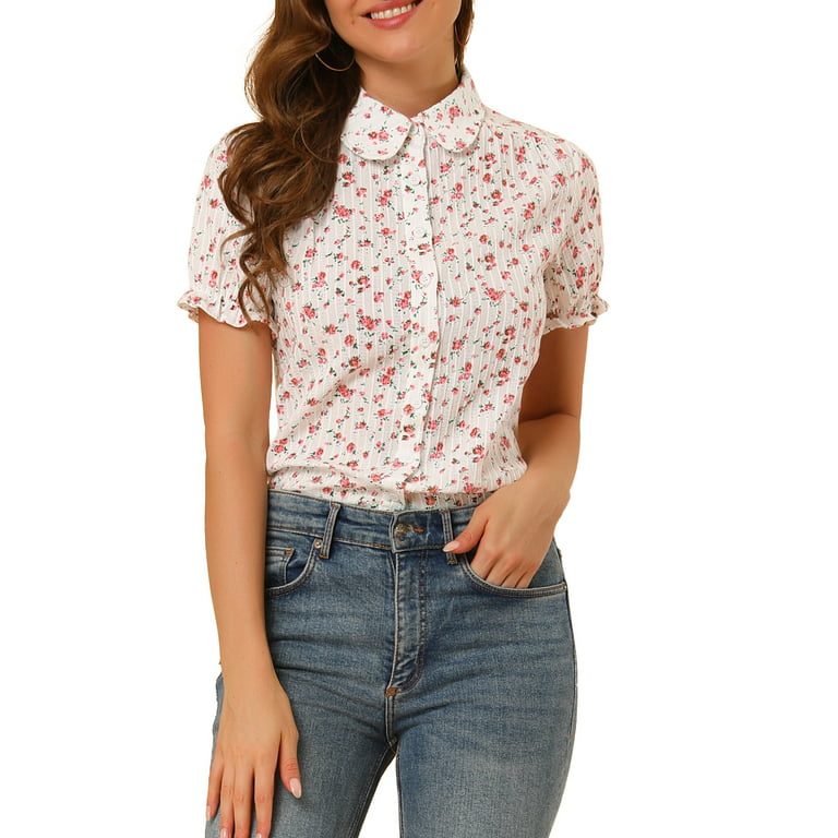 Unique Bargains Women's Floral Top Peter Pan Collar Cotton Short Sleeve  Shirt M Pink