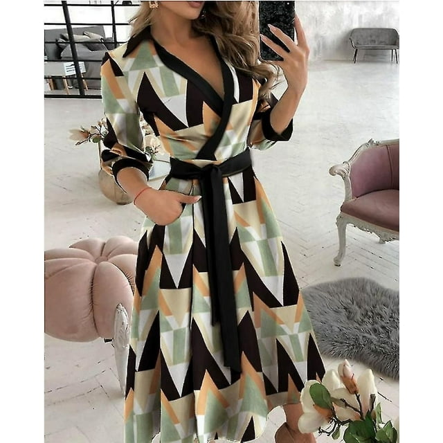 Robe d'Été pour Femmes Printemps/été Mode Manches Longues Col en V Robe Fourreau Imprimée Vêtements pour Femmes