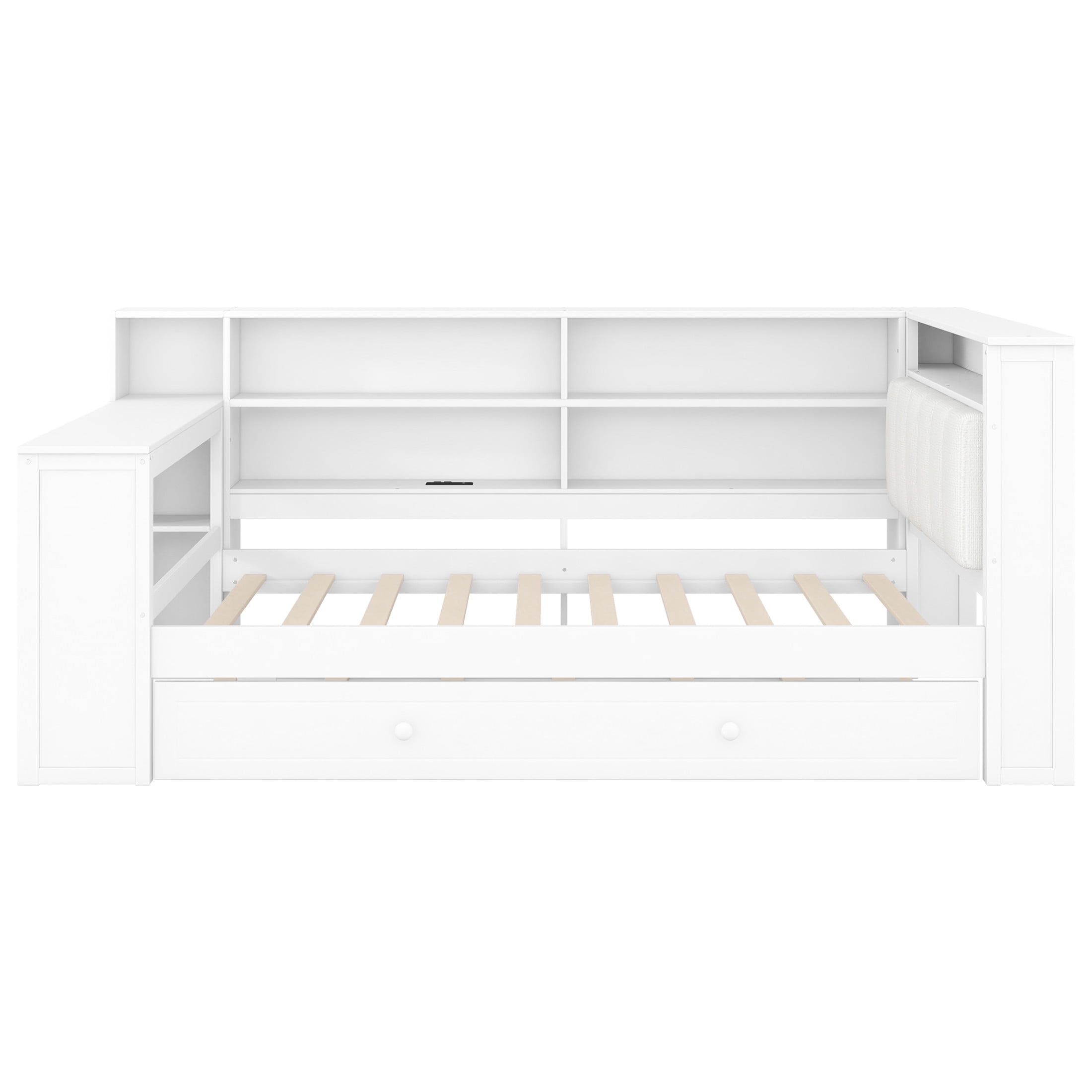 Noble House Twin Platform Bed with Upholstered Headboard, Extra Trundle, Storage Shelves and Charging Station, White