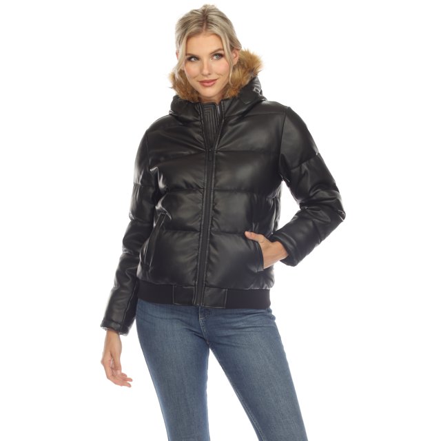White Mark Women's Removable Fur Faux Leather Puffer Jacket