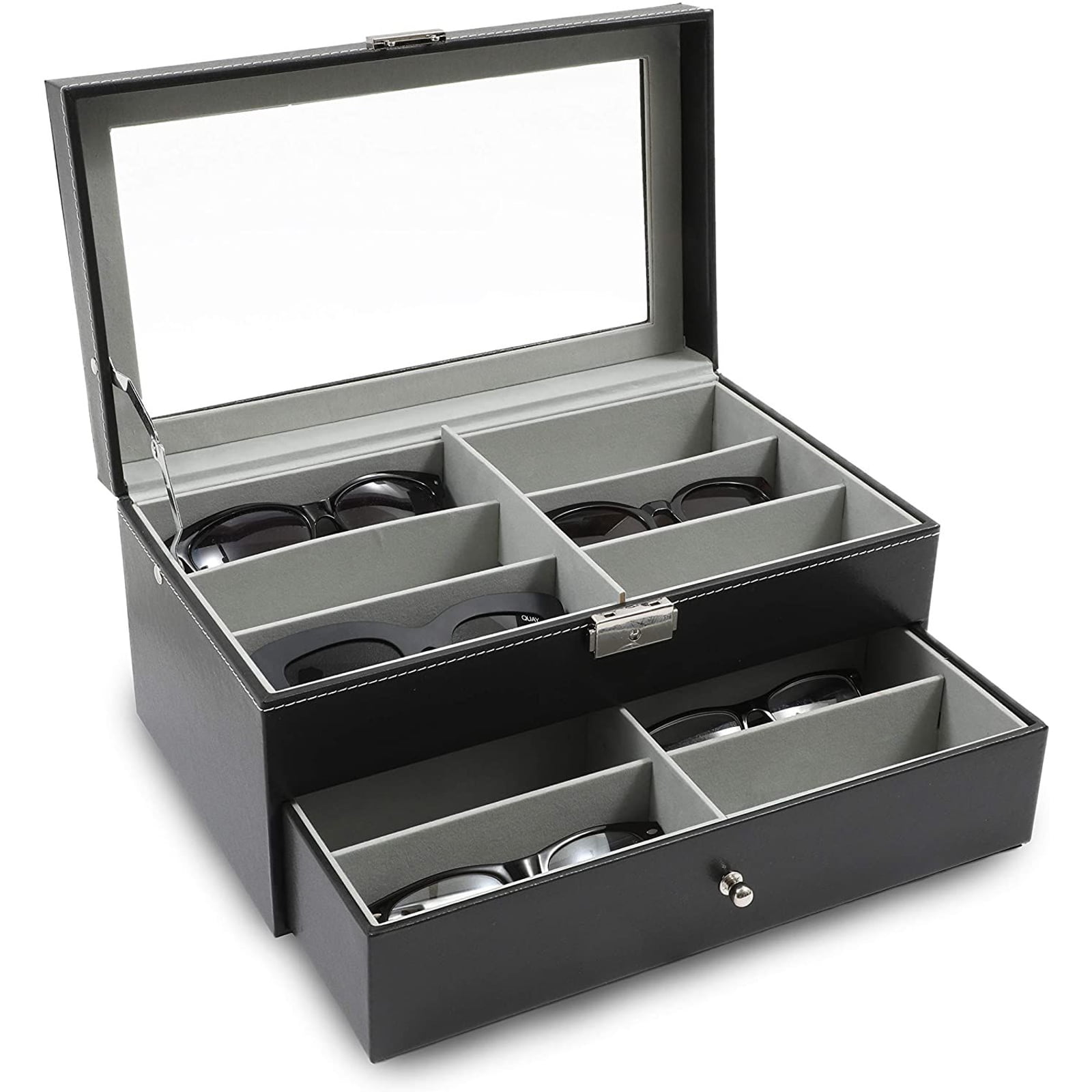 Deluxe Black 12 Compartment Eyewear & Sunglasses Display Case w/ Glass Lid 1 Drawer & Leatherette Trim 