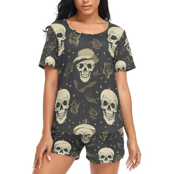joogoo Women's Pajama Set Skeleton Skull Short Sleepwear Loungewear with Pockets M