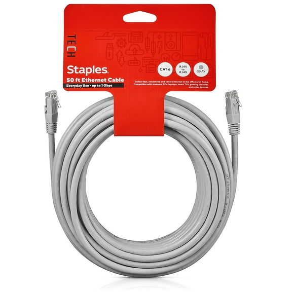 Staples TECH 50' Cat-6 Ethernet Cable Male to Male Gray (ST62447)