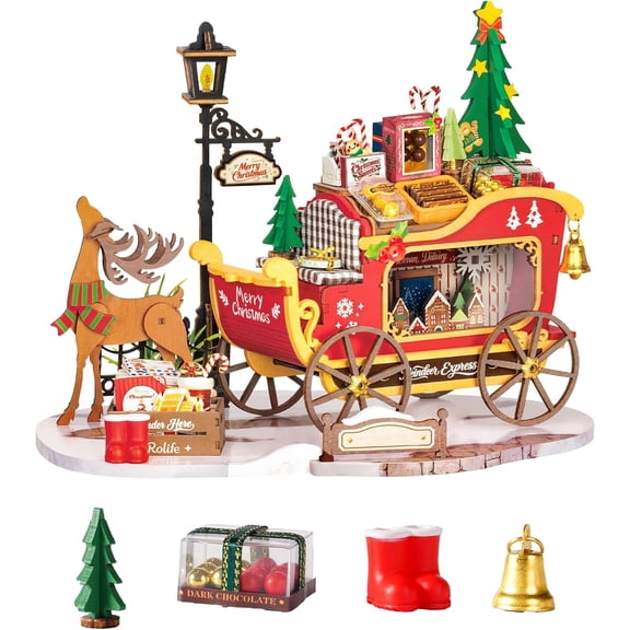 Rolife Reindeer Express Dollholuse, Christmas DIY Miniature House Kit, Festive Reindeer Sleigh Scene 3D Wooden Puzzle for Adults Xmas Gifts