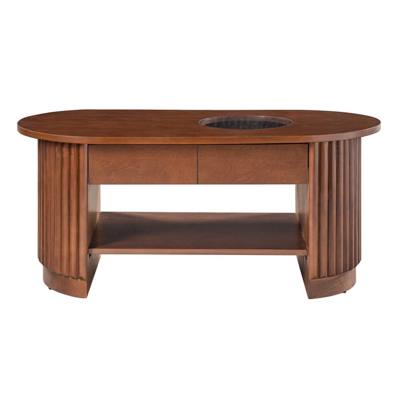 Mid-Century Modern Oval Coffee Table with Drawers & Tempered Glass Inset Top, 2-Tier Fluted Center End Table with Open Shelf