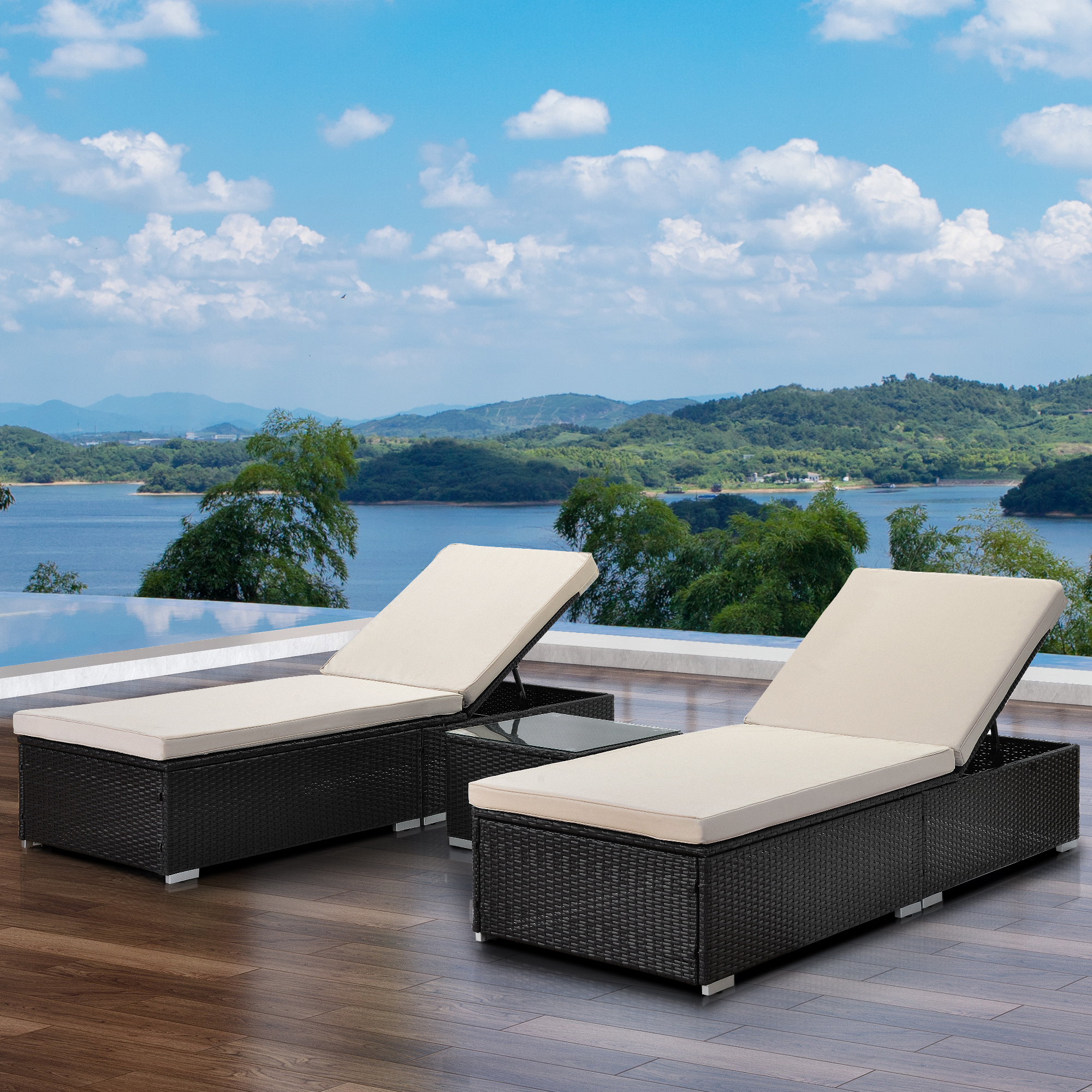 Sportaza Outdoor Garden 3 Piece Patio Lounge Set  Adjustable PE Rattan Reclining Chairs with Cushions and Side Table. - image 4 of 8