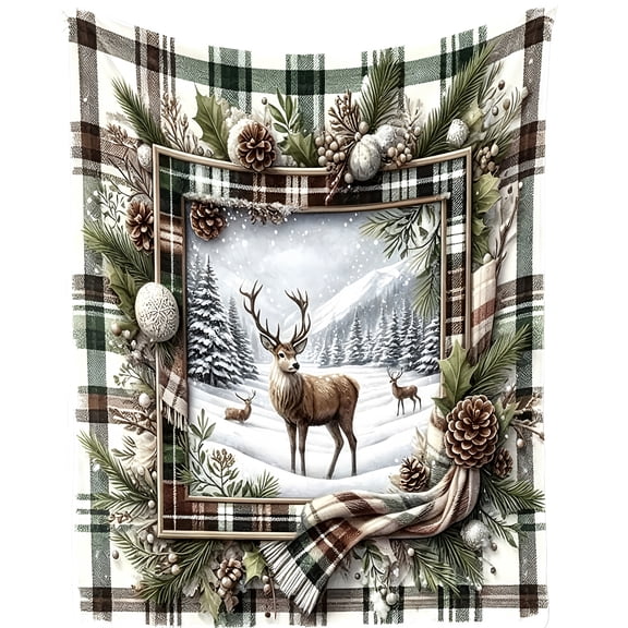 Winter Deer Plaid Christmas Throw Blanket for Couch, Soft Flannel Warm Cozy Decor Cover, Washable Blanket for Bedroom.