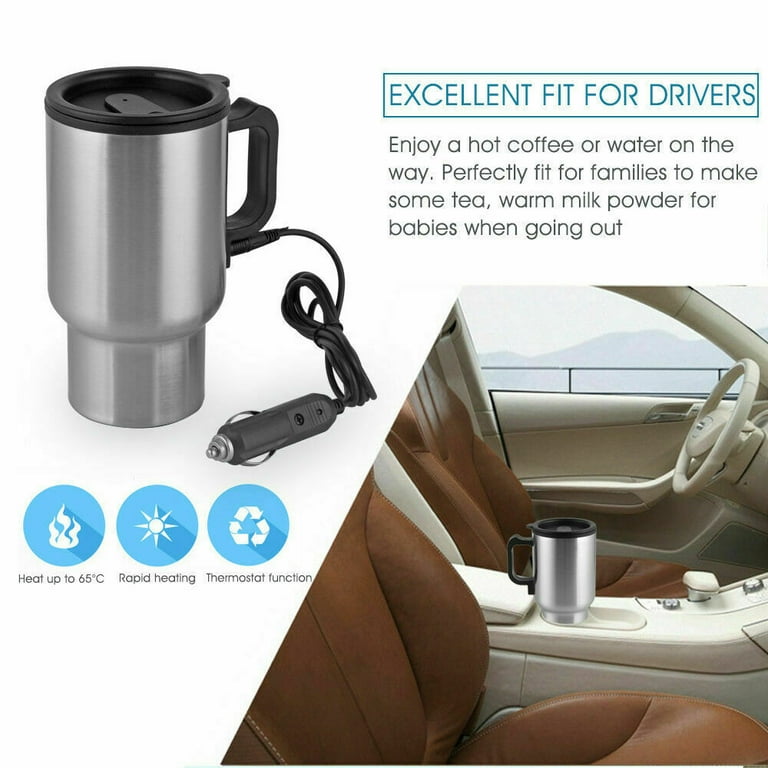 12V Car Heating Cup Car Heated Mug, 450ml Stainless Steel Travel Electric  Coffee Cup 14oz. Insulated Heated Thermos Mug
