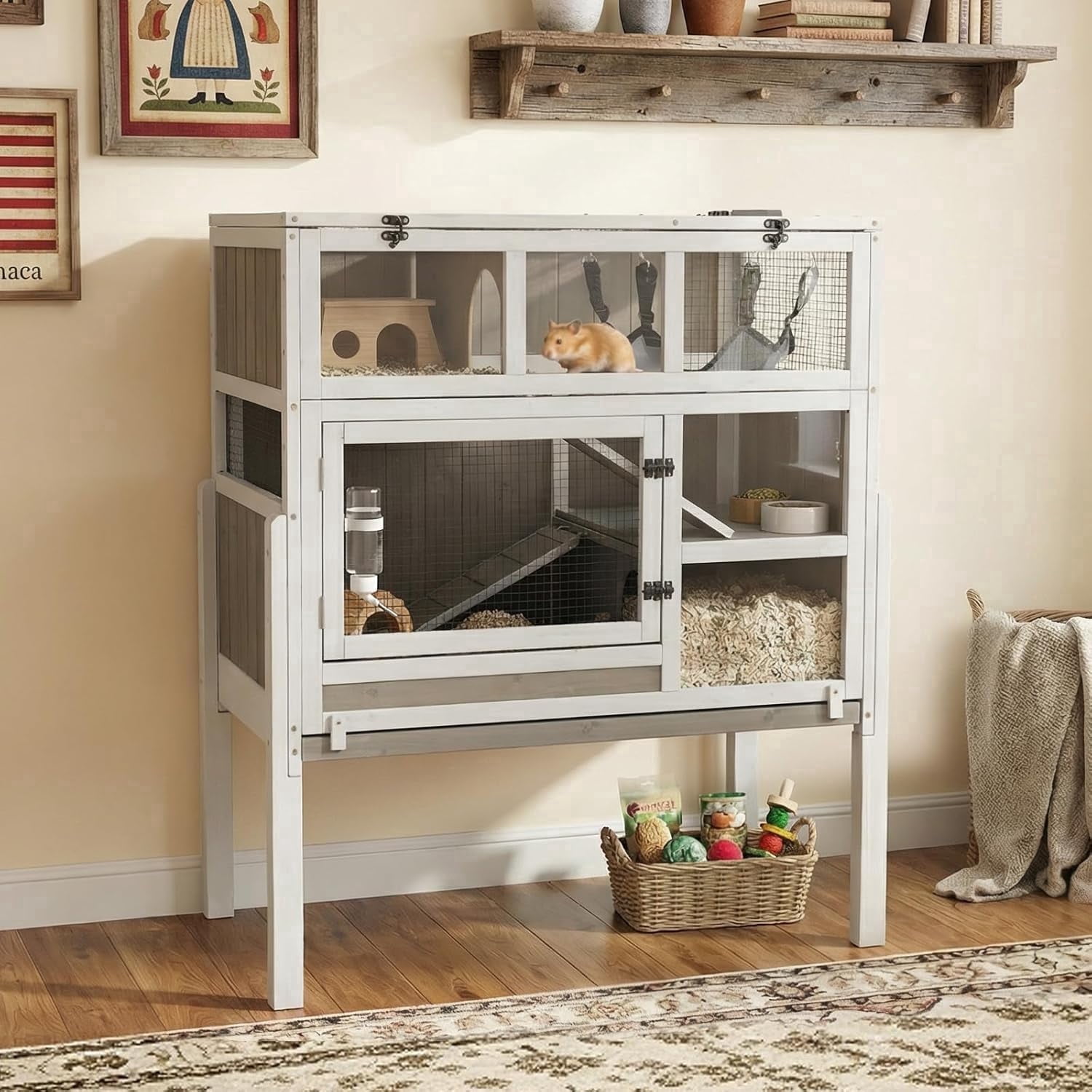 PETSCOSSET 3-Tier Wooden Hamster Cage with Stand, Large Guinea Pig Cage & Rabbit Hutch Habitat with Pull-Out Tray