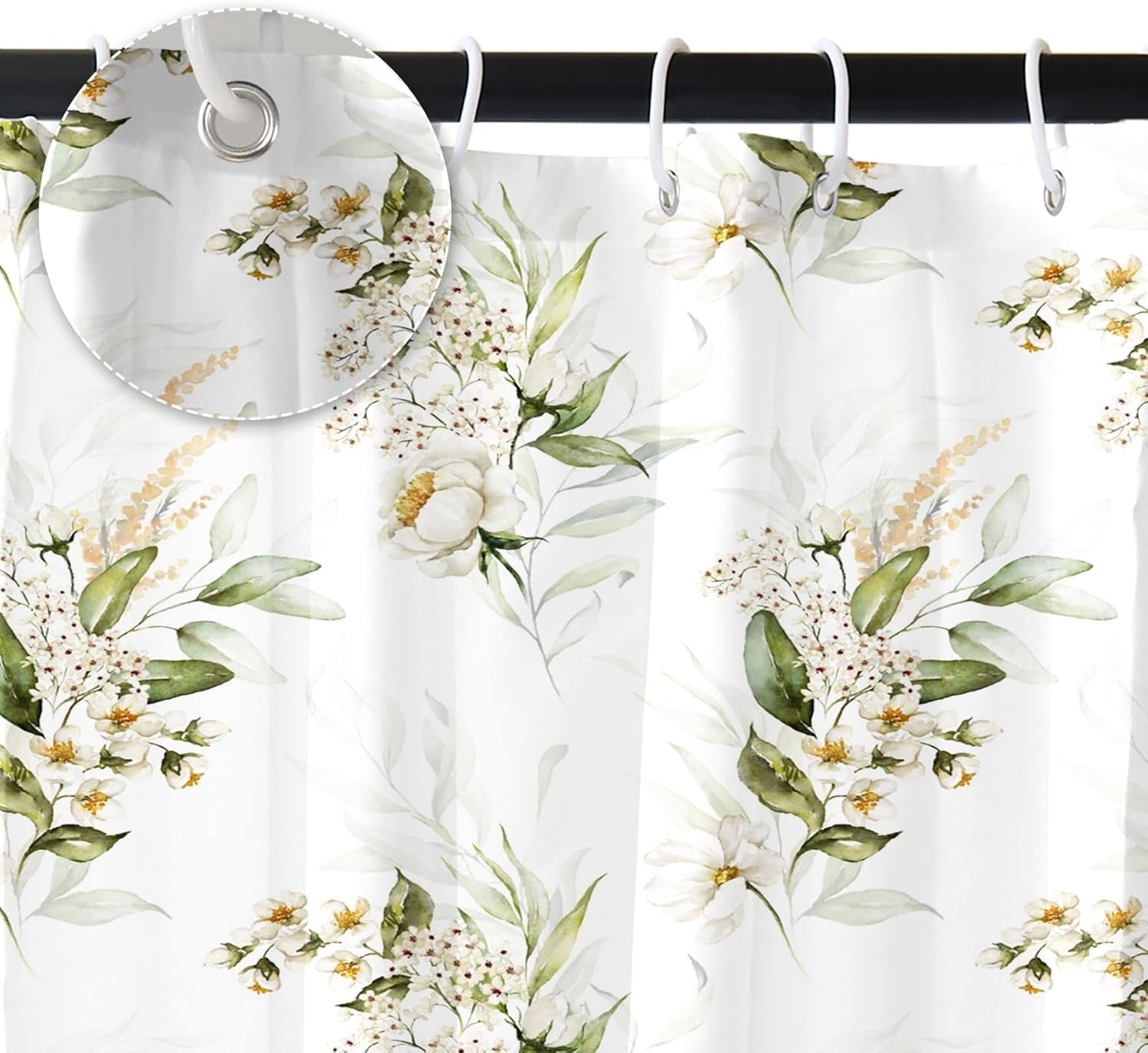 72x80 Inches Watercolor Floral Shower Curtain White Flowers Eucalyptus Leaves Botanical Leaf Nature Plant Fabric Shower Curtains for Bathroom Decor Waterproof Polyester with Hooks