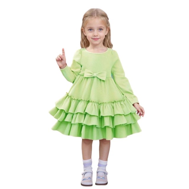 HXWCHs Robe Rayée Élégante Robe de Fête à Étages pour Filles Célébrations d'Automne avec Design Superposé Fluide Vert 4-5 Ans