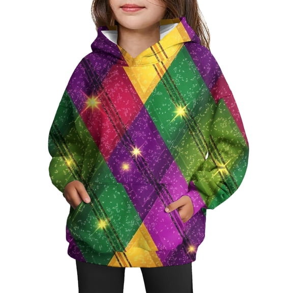 LNZGNM Mardi Gras Girl's Hooded Sweatshirt 3-4Y Cozy Funny Mask Hoodies Vintage Long Sleeved with Kangaroo Pocket Shirt Tie Dye Winter Outfit for Party, Purple, 3-4Y