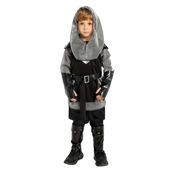 CUZIBR Boys Halloween Outfits Cosplay Carnival Performance Role Play Set With Hood Top Belt Gloves And Boot Covers Party Clothes Sets,Silver,6-8 Years