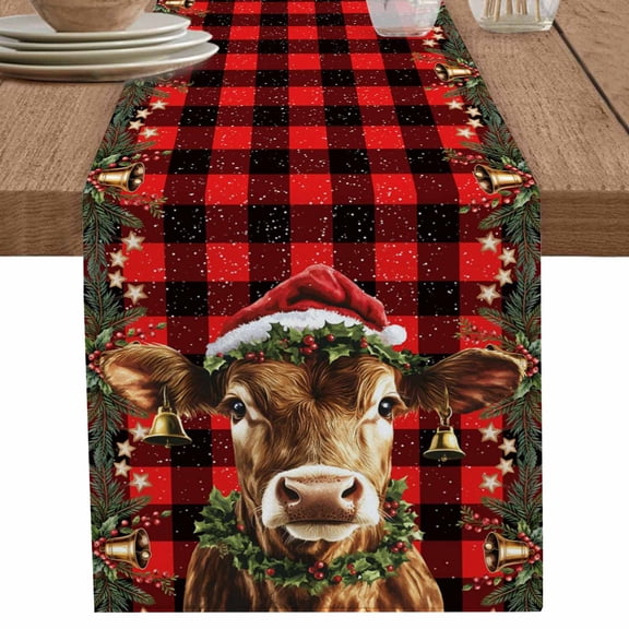 nqOlkjepod Christmas Table Runner 120 Inches Long Farmhouse Dress Scarves, Winter Cow Pine Branches Red Black Buffalo Plaid Dining Tablerunner for Coffee Table/Kitchen Island/Party Décor, 13" x 120"