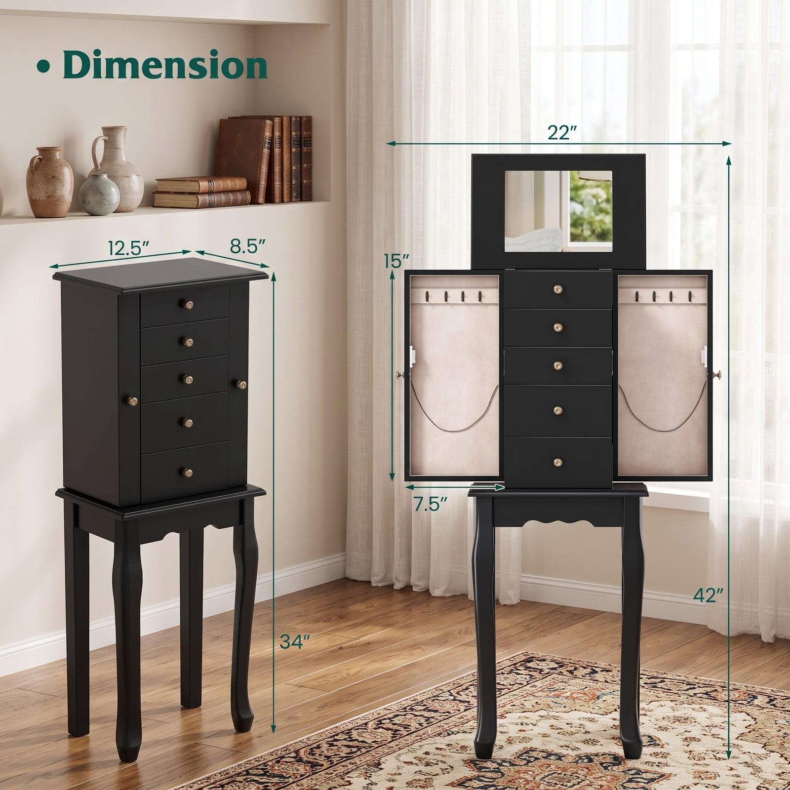 Furnibear Freestanding Armoire Storage Jewelry Cabinet with 5 Drawers, Side Compartments, and Lift-Top Mirror for Bedroom, Black