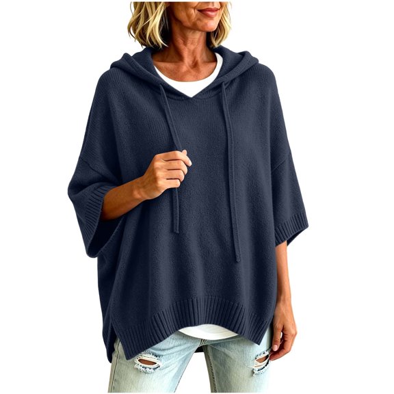 Tops for Women, Pullover Sweaters for Women Hooded Side Slit Ribbed 3/4 Sleeve Sweaters, Drawstring, Batwing Sleeve, Soft and Comfort Fabric, Drop Shoulder