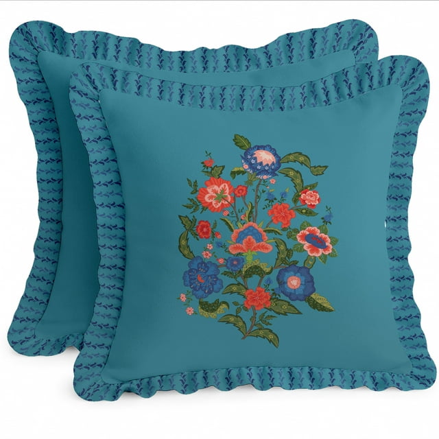 Vargottam Housses de Coussin en Sergé de Coton - 16 Pouces Carrées, Ensemble de 2, Imprimé Réversible, Housses de Coussin de Ferme avec Fermeture Éclair Cachée - Imprimé Floral