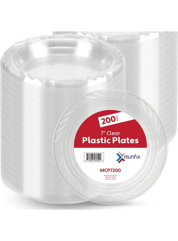 7 Inch Clear Plastic Plates 200 Bulk Pack - Disposable Cake Plates for Dessert & Appetizers BBQ Party Dinner Travel and Events, Microwavable Recyclable