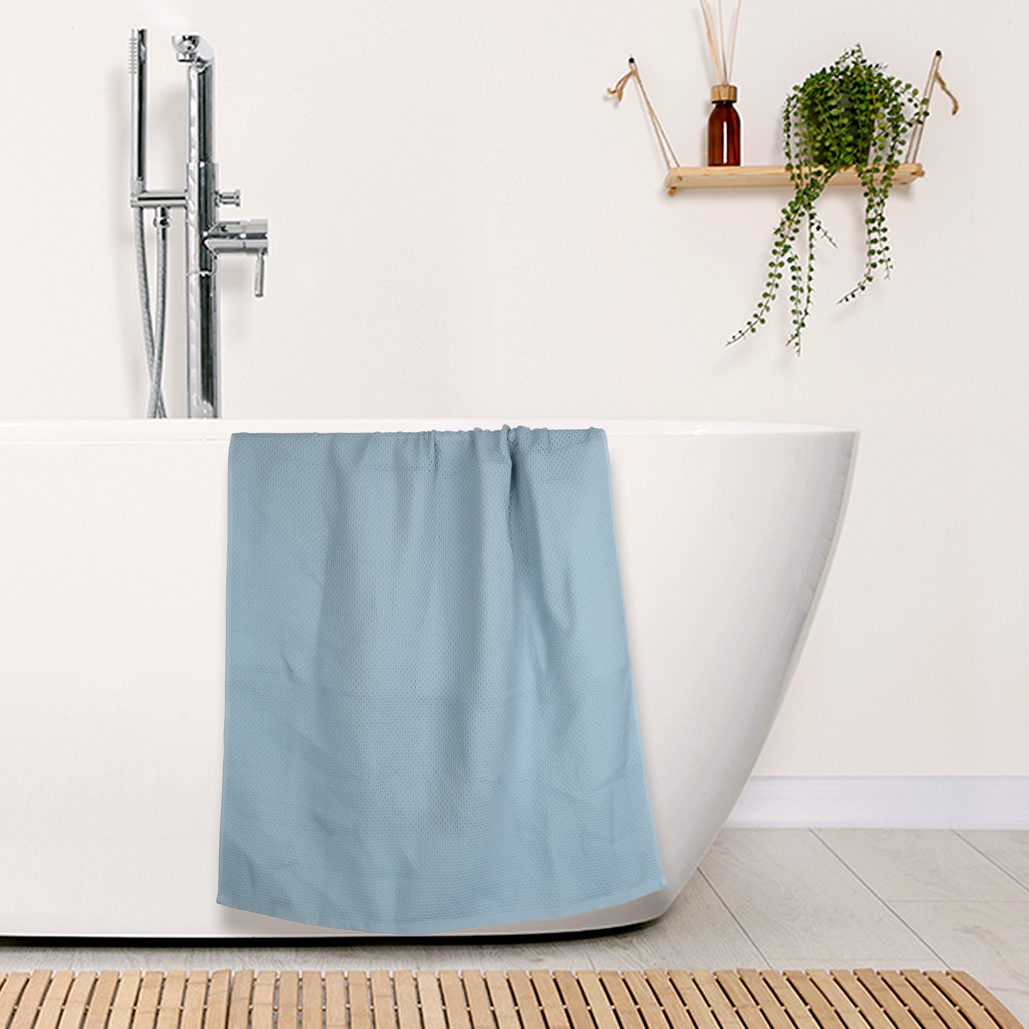 Unique Bargains Waffle 2 Pack Cotton Bath Towel Set Soft Highly Absorbent Towels Blue 28" x 56"