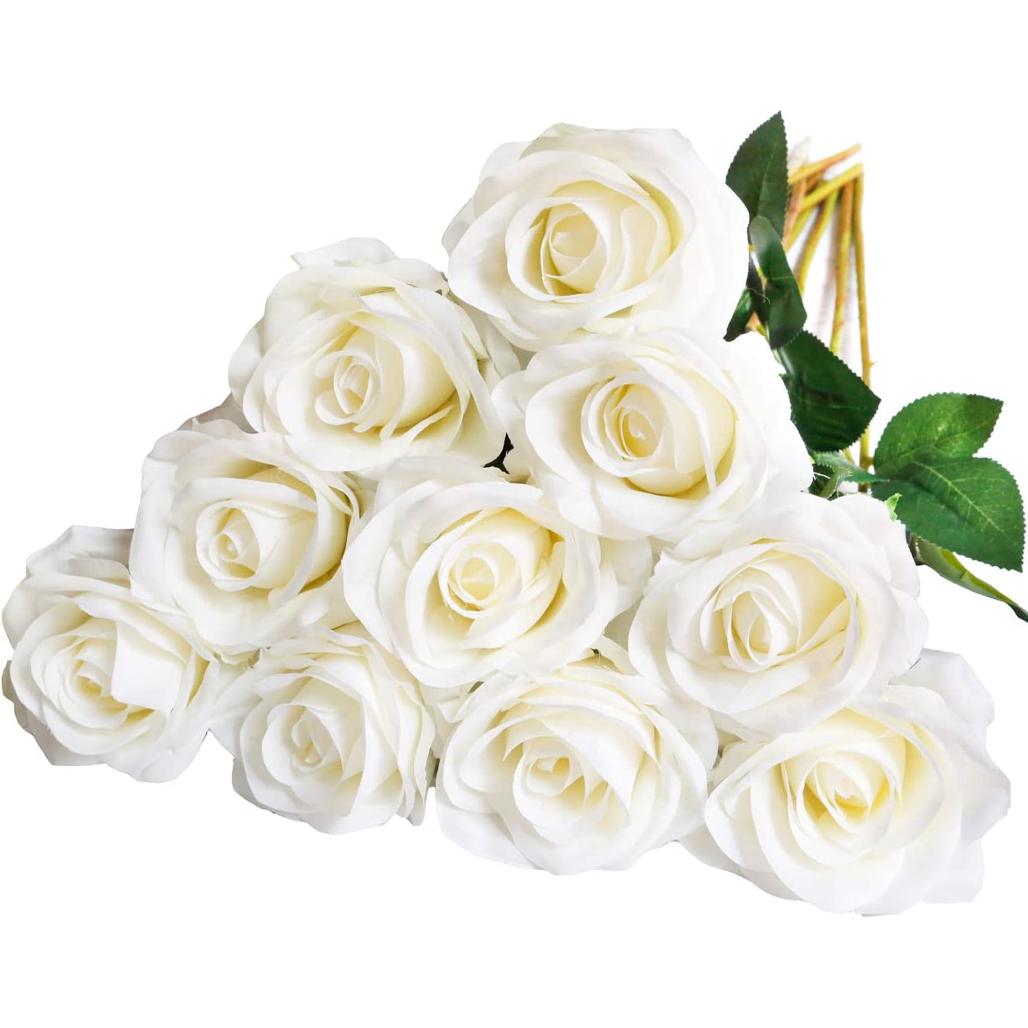Morttic 12pcs Fake Roses Artificial Silk Flowers Faux Rose Flower Long Stems Bouquet for Arrangement Wedding Centerpiece Party Home Kitchen Decor(Ivory-White Long Stem)