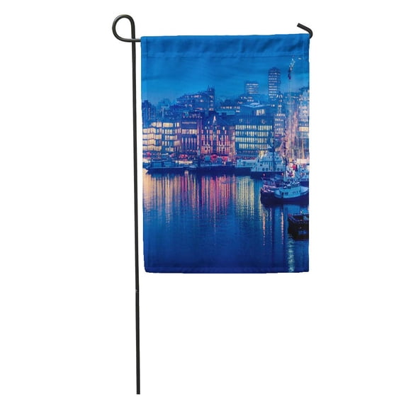 SIDONKU Blue Night Aker Brygge in Twilight Downtown Oslo Norway Colorful Garden Flag Decorative Flag House Banner 28x40 inch