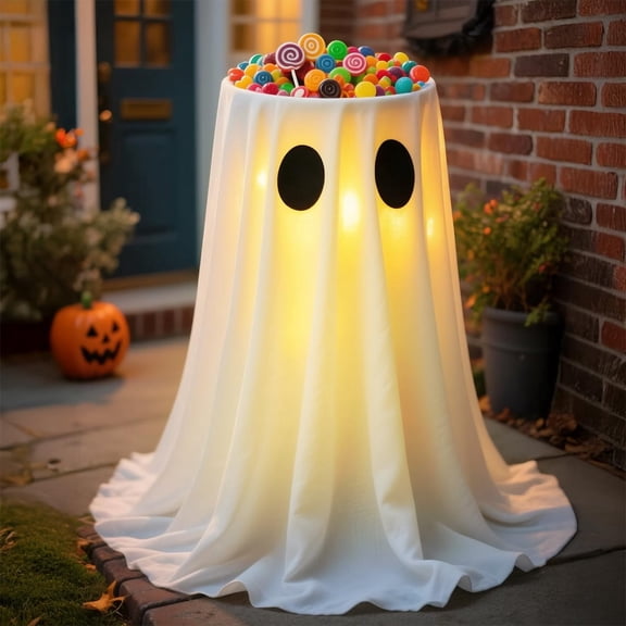 Lighted Ghost Candy Bowl, Large Floor Stand Holder, Remote Control Led Light Up, Halloween Sugar Bucket Decor,for Halloween Decorations,A
