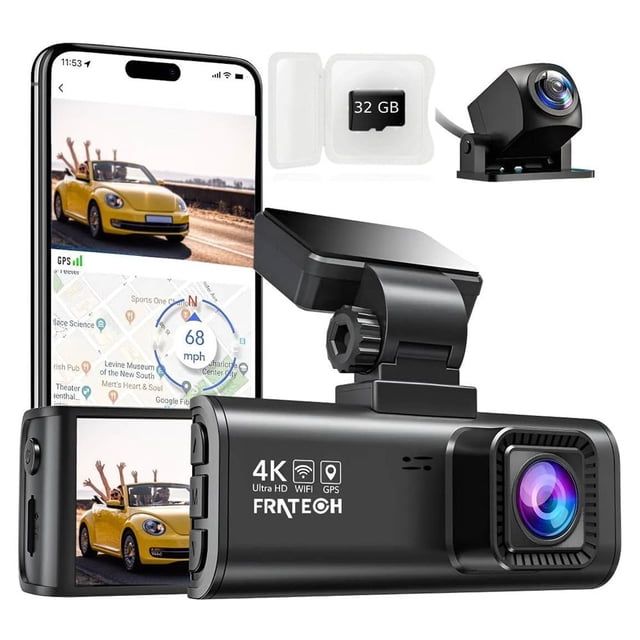 Fratech Cámara Dual para Automóvil 4K+1080P con WiFi, Visión Nocturna HDR, Grabación en Bucle, Sensor G, Monitor de Estacionamiento, GPS y Control por App Compatible iOS/Android