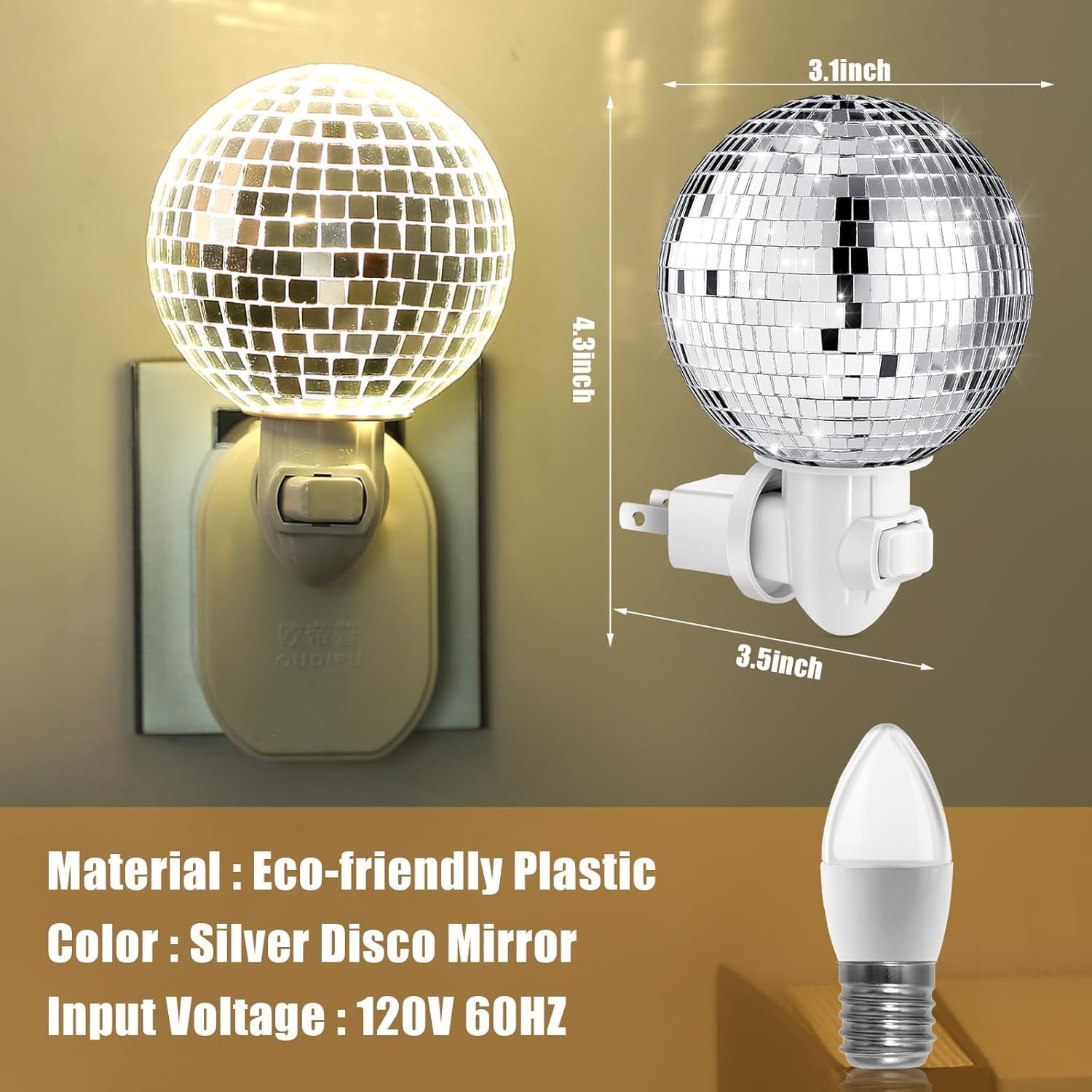 Disco Ball Night Light Plug into Wall, LED Projector Lamp for Party Decoration Funny Silver Mirror Bedside Nightlight Bedroom Bathroom Dorm Hallway