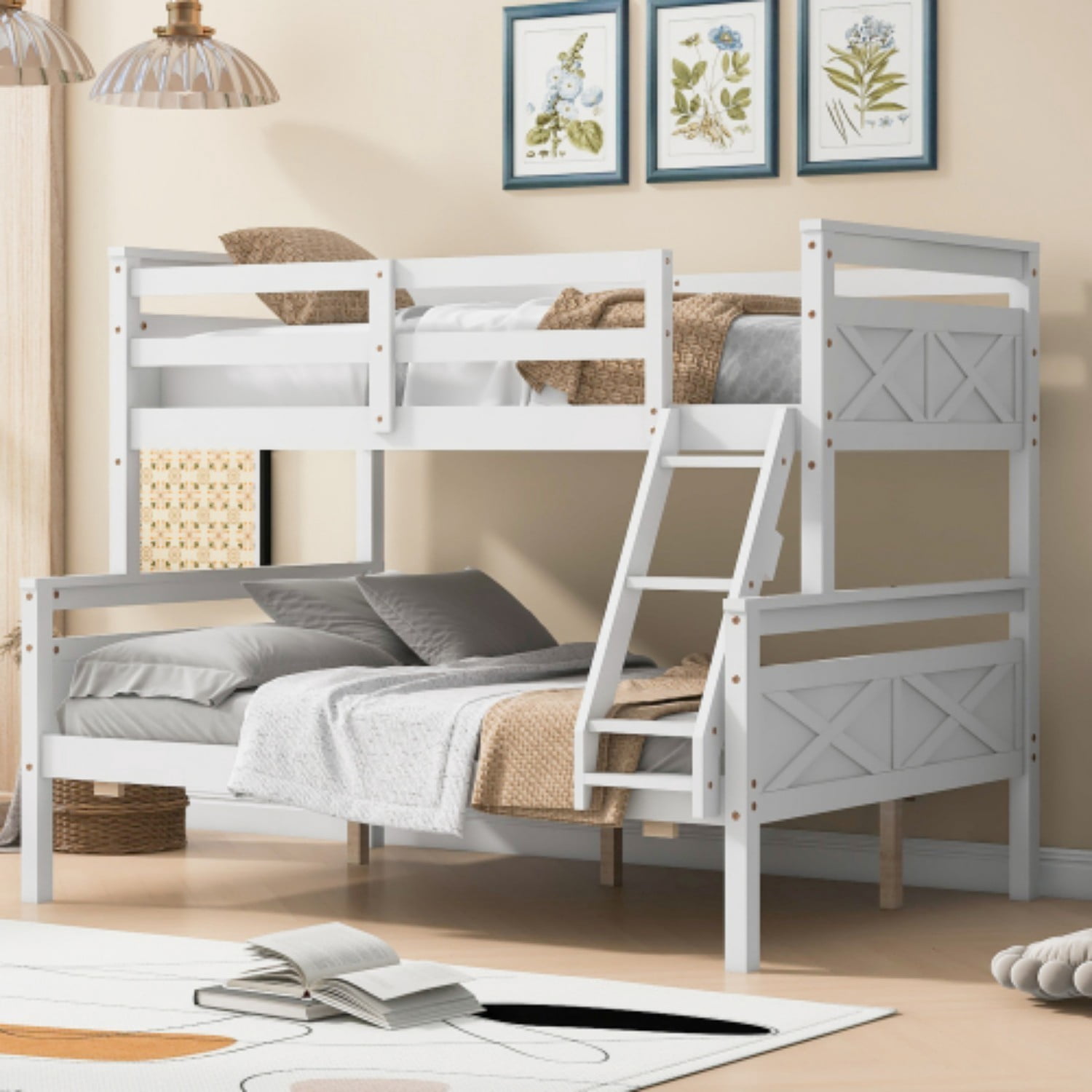 Twin Over Full Bunk Bed with Ladder and Safety Guardrails, Convertible Wood Bunk Bed Frame, Detachable into Twin & Full Platform Beds for Kids Bedroom, White