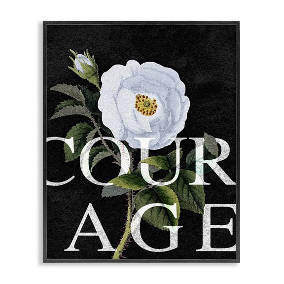 Stupell Industries Traditional Courage Text over Vintage White Rose Floral Black Framed Giclee Art, 11 x 14, by Lil' Rue