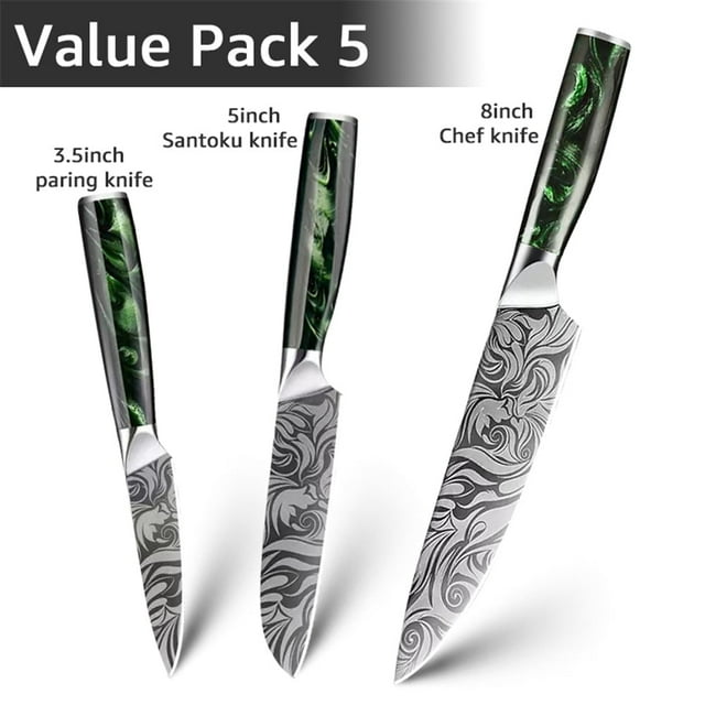 Akatsuki Kitchen Knife Set 3-7pcs Forged Damascus Steel Japanese Chef Knife for Meat Vegetable Slicing Cutter with Easy-Grip Resin Handle and Giftcase