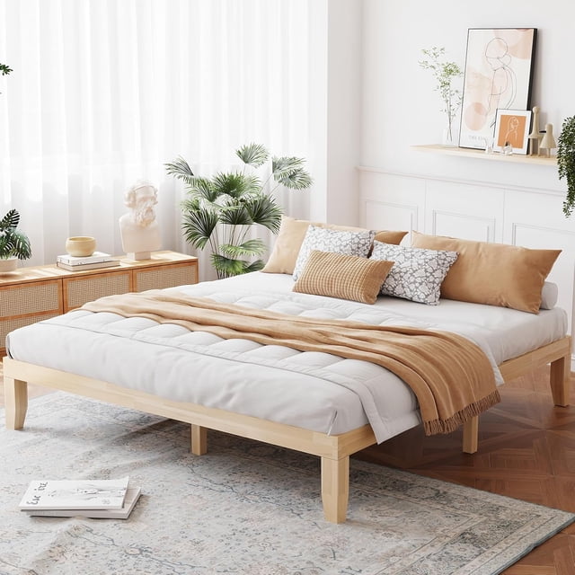 King Wood Platform Bed Frame, 14 Inch Solid Rubber Wood Mattress Foundation, Heavy Duty Wooden Slats Support, No Box Spring Needed, Easy Assembly, Natural