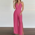 thumbnail image 2 of Wyobmus Women's Sleeveless Backless Halter Neck Jumpsuit High Waist Side Slit Wide Leg Rompers Loose Fit Deep V Neck Elegant Night Party Jumpsuits Hot Pink, 2 of 6