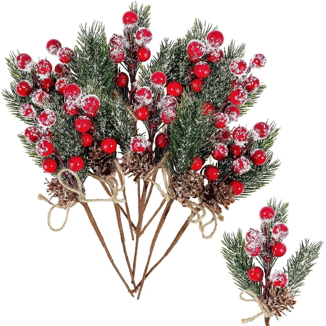 Nvzi 10 piezas de bayas navideñas, tallos rojos, ramas de pino perenne, conos de pino con bayas de acebo rojas y nieve, decoración floral, selecciones florales para vacaciones de invierno