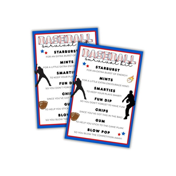 Baseball Survival Kit Cards 30pk 4x6 List Tag Labels Emergency Welcome Back Travel Team Boys Printables for Coaches Ball Players Goodie Bag