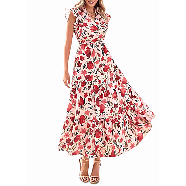 Vestido Midi Estampado con Escote en V, Mangas Plisadas y Volantes, Imagen 2 XXL