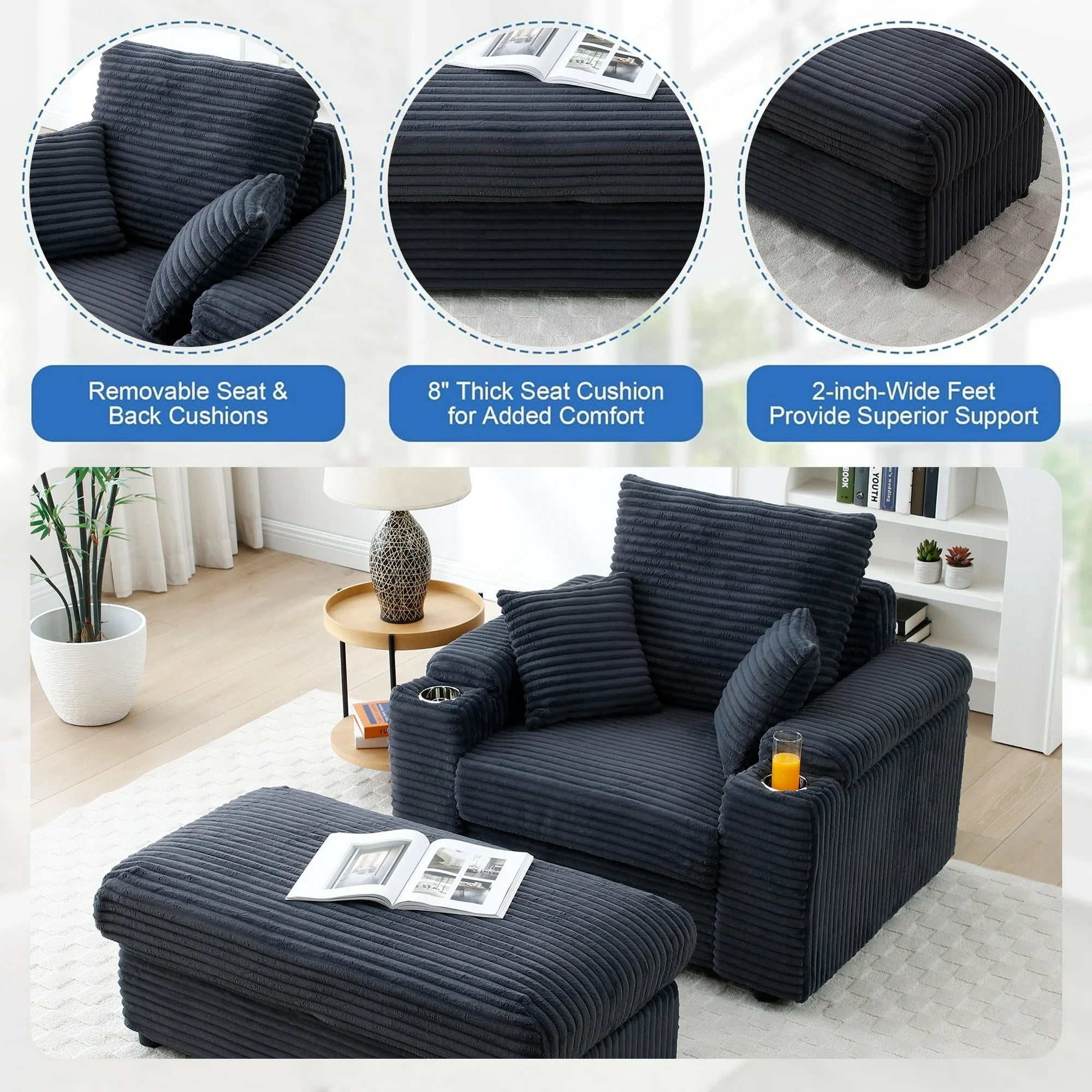 Aukfa Oversized Chaise Lounge Indoor Chair with 2 Cupholders, Storage Ottoman, 3 Pillows, Gray