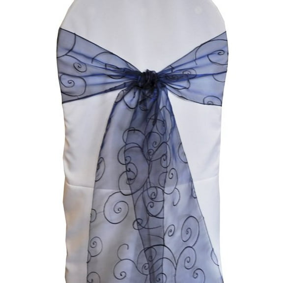 Wedding Linens Inc. (10pcs) 8'' x 108'' Embroidered Organza Sheer Chair Sashes Chair Bow Ties - Navy Blue
