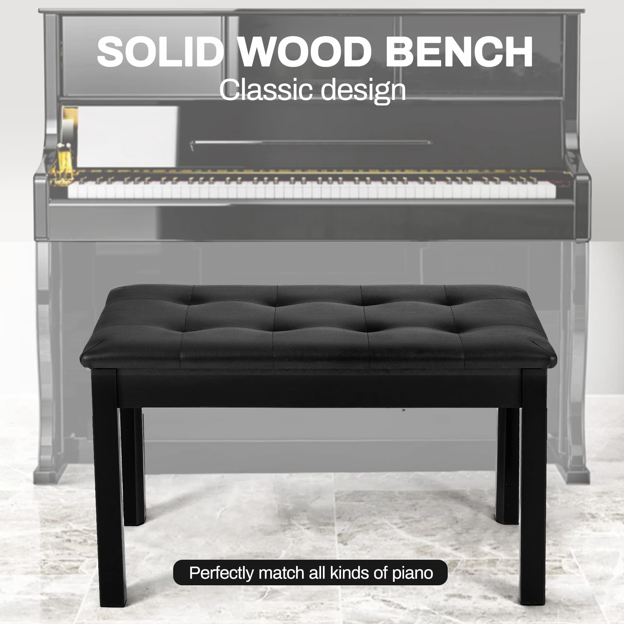 Piano Chair With Storage Stool And Upholstery Wooden Keyboard Duet Seat  Waterproof Non-slip Black