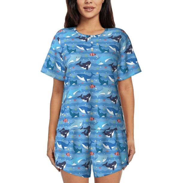 Balery Blue Fish Conjunto de Pijama para Mujer con Estampado, Dos Piezas de Manga Corta y Shorts, Ropa de Dormir Suave con Cuello Redondo y Bolsillos-Large