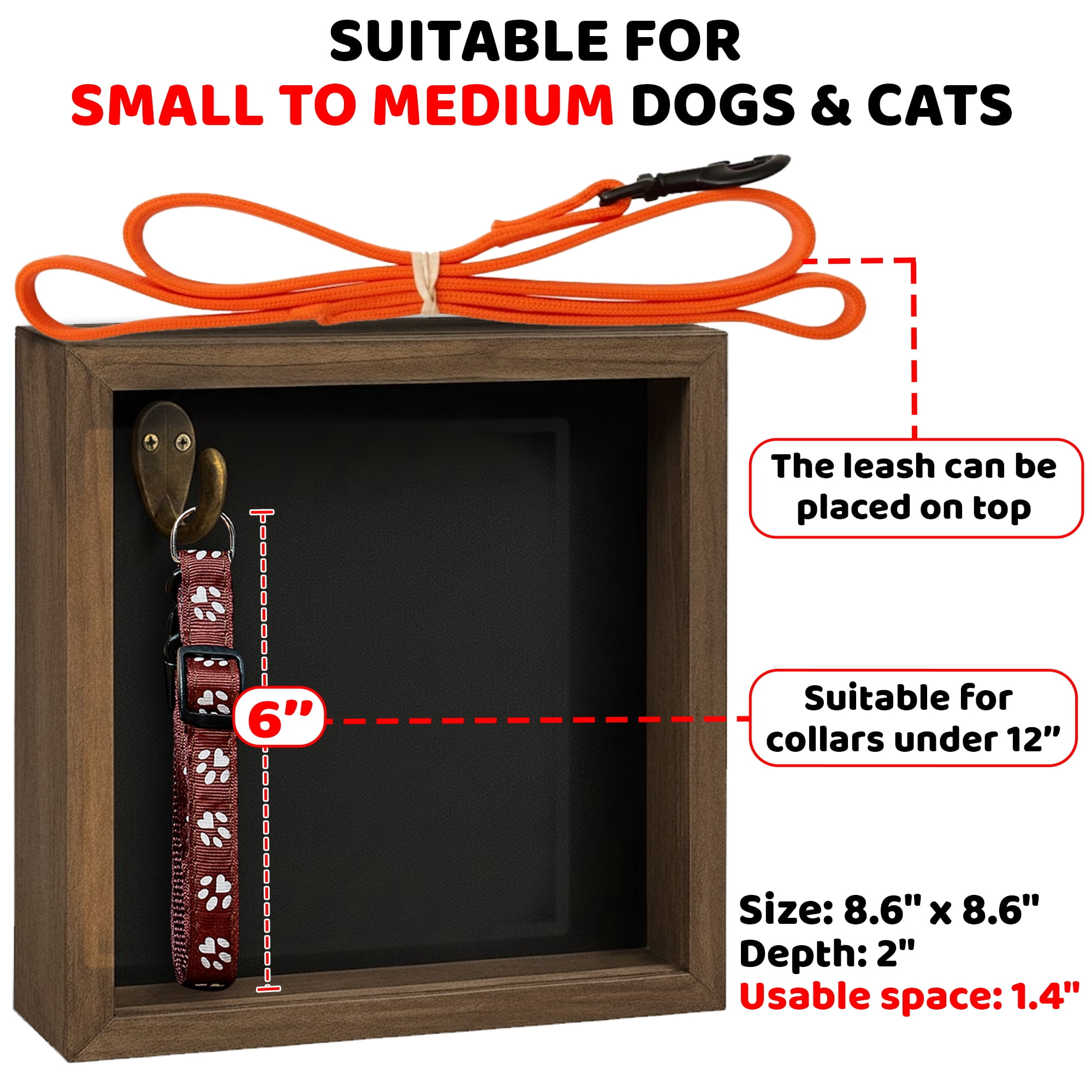 8.6'' Pet Memorial Shadow Box, Rustic Collar Holder Picture Frame, Paw Print Kit, Dog Wooden Sculpture, Pet Hair Fur Jar, Cat Memorial Keychain, Dogs Sympathy Card, Gift for Pet Lovers PSD-4R
