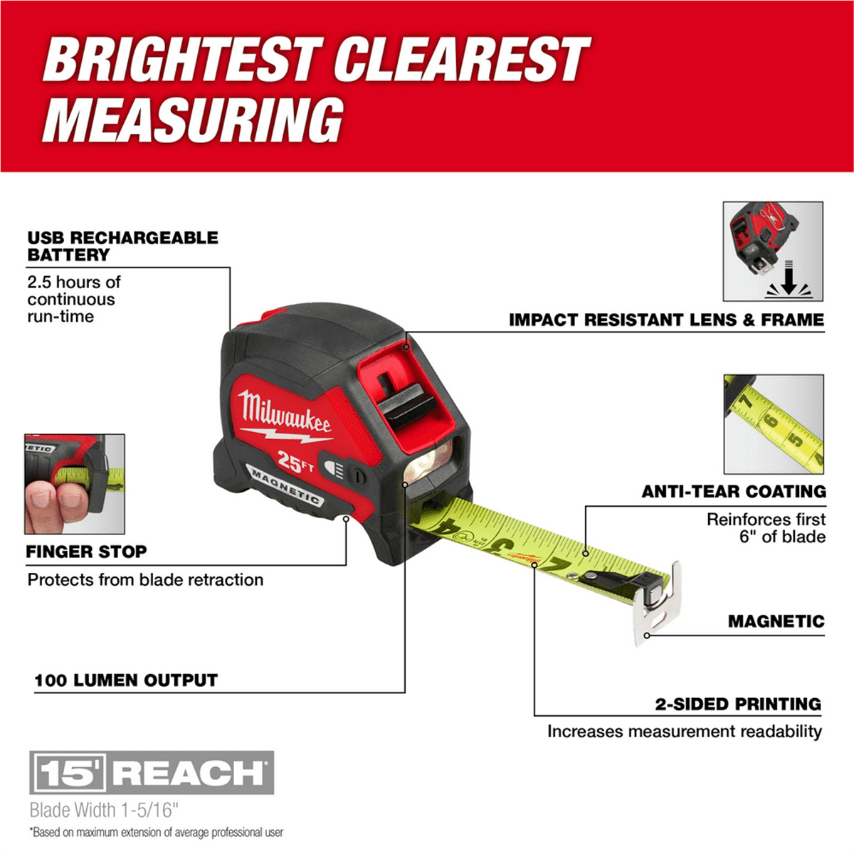 MIlwaukee 25ft Compact Wide Blade Magnetic Tape Measure w/ Rechargeable 100L Light