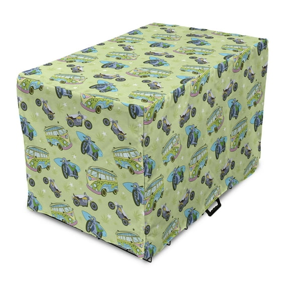 Hippie Dog Crate Cover, Motorbikes and Buses with Retro Style Motifs Surfing Vacation Season, Easy to Use Pet Kennel Cover Small Dogs Puppies Kittens, 7 Sizes, Pale Green Multicolor, by Ambesonne