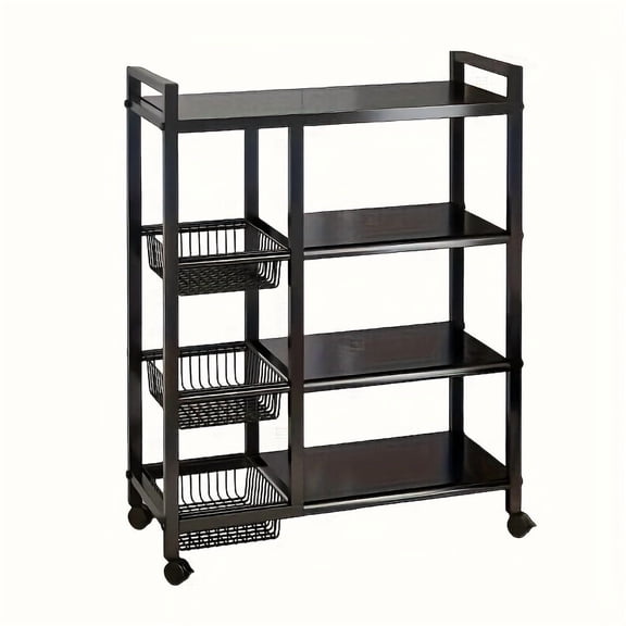 Movable 4-Tier Kitchen Storage Rack with 3 Wire Baskets & Wheels, Adjustable Metal Shelf, for Garage/Pantry/Bathroom/Closet, Standing Organizer, Great Home Gift