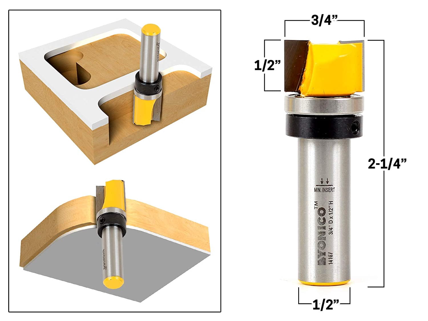 4 Bit 3/4" Diameter Flush Trim Template Router Bit Set - 1/2" Shank - Yonico 14426