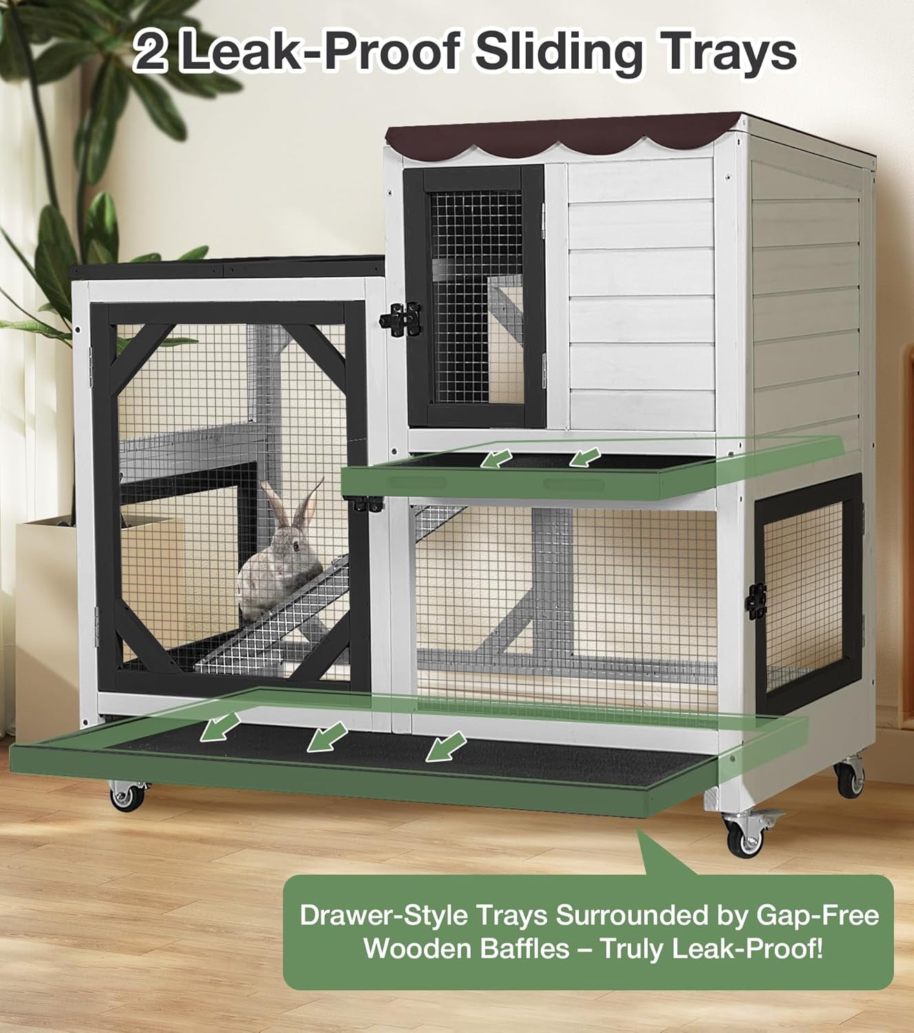 MEDEHOO Rabbit Hutch 2-Story Wooden Bunny Cage with 2 Leak-Proof Trays, Chew-Proof Metal Mesh Indoor & Outdoor Guinea Pig House with Wheels - Black