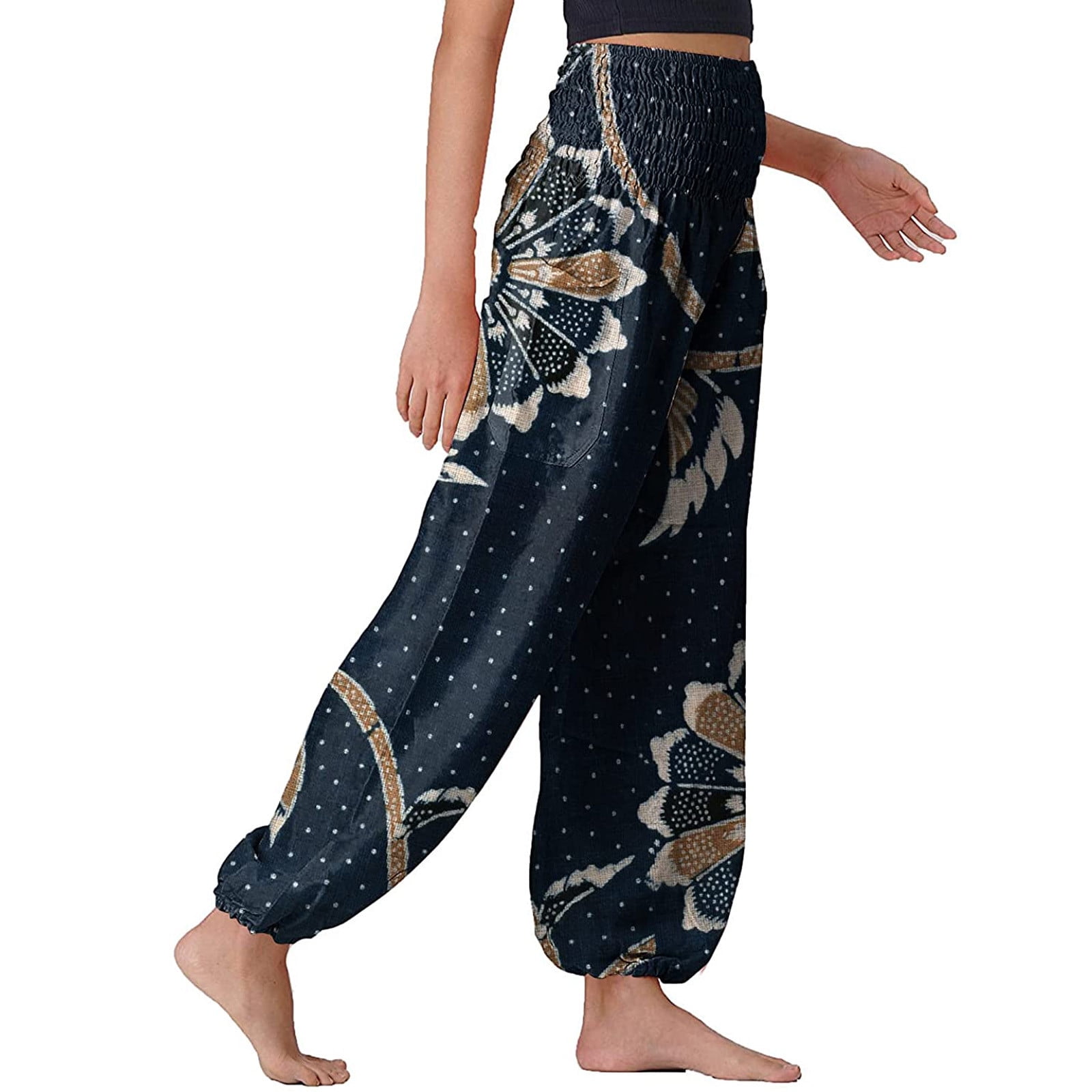 Yoga Pants for Women Plus Size,Selinora Womens Elastic Waist Boho Check Pants Baggy Wide Leg Summer Casual Yoga Capris 