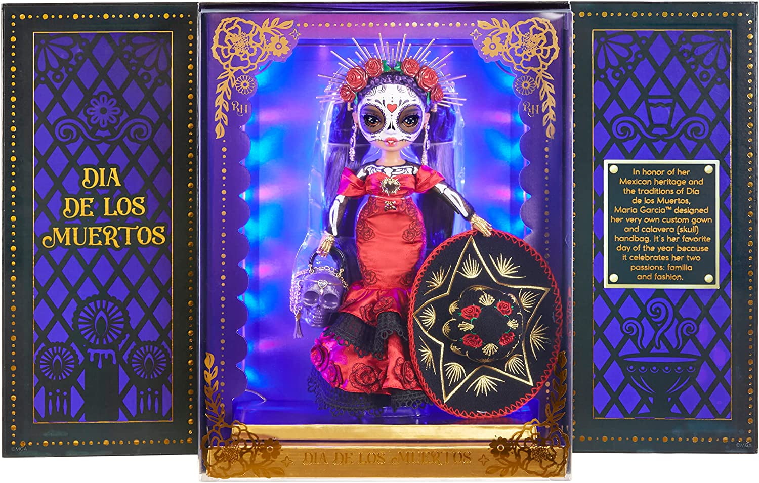 Rainbow High 2022 Celebration Edition Día De Los Muertos Maria Garcia Fashion Collector Doll 11 in. Celebratory Face Painting & Calavera Purse. Light Up Display & Premium Accessories. Great Gift