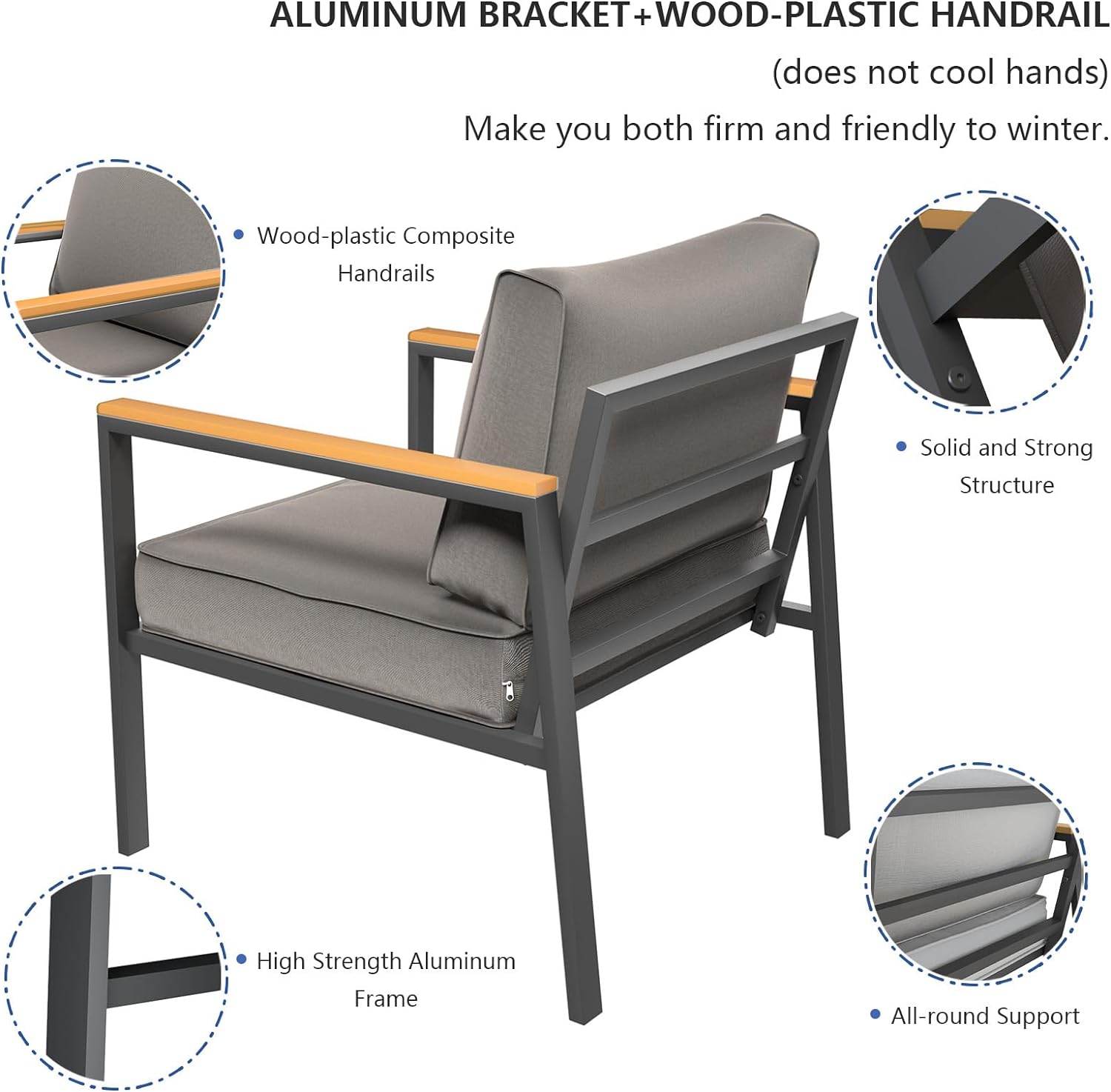 Aluminum Patio Furniture Set,5-Piece Outdoor Mental Patio Conversation Set, Morden Sectional Sofa with Plastic-Wood Armrest & Table, Fits Garden Backyard Balcony (Grey)